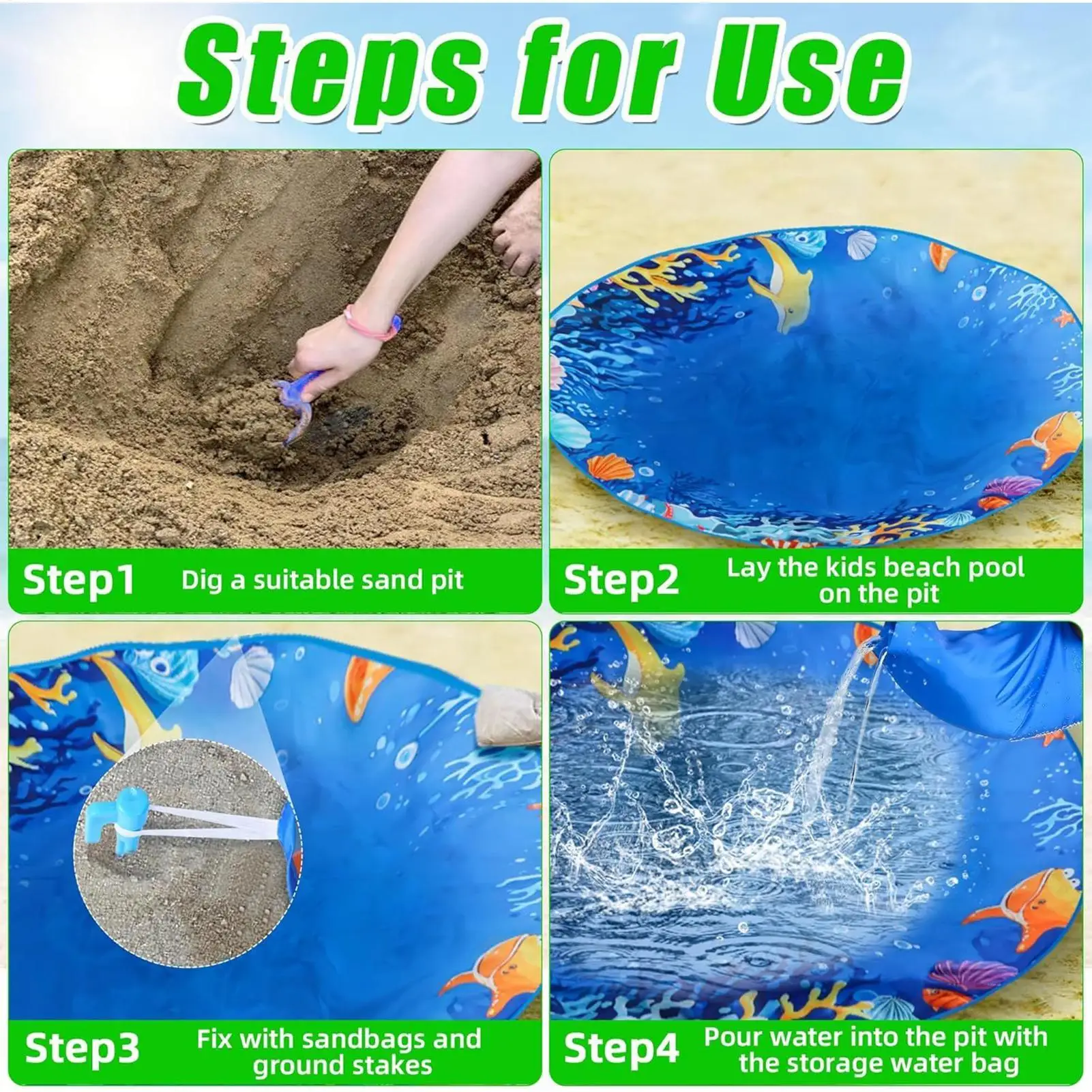 Piscina de praia para crianças, bebê, piscina, brinquedos de praia com bolsa de transporte, à prova de areia, água, brinquedo ao ar livre para meninos, meninas, crianças