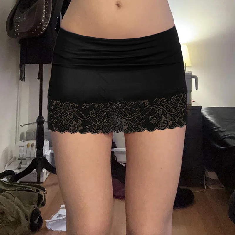 

SKMY Lace Patchwork Hip Hugging Skirt With Inner Solid Color 2025 Summer New Sexy Club Outfits For Women Black Mini Skirts