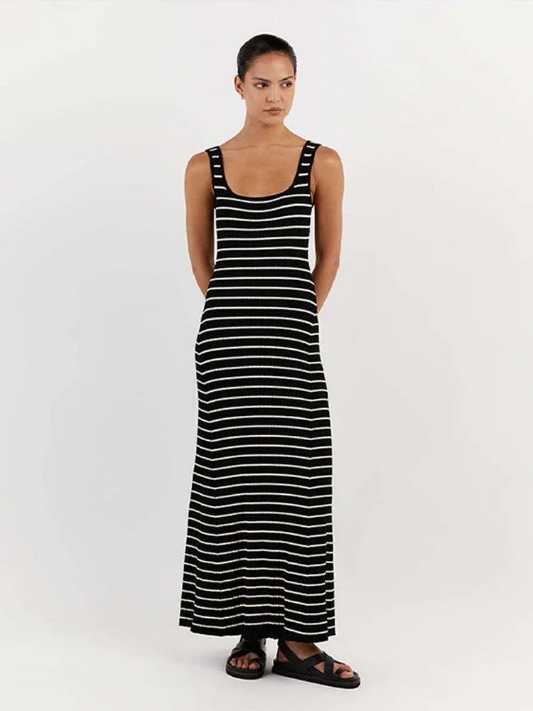 Elegant Knit Stripped Strap Women's Dress Cotton Backless Sleeveless U Neck Beach Holiday Maxi Dresses Chic Spaghetti Stap Robe