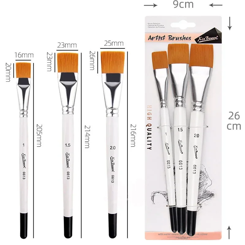 3Pack Artist Paint Brushes Set Nylon Hair Flat Brushes for Acrylic Watercolor Oil Painting Art Supplies