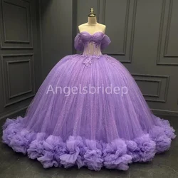 Angelsbridep Customized Blingbling Tulle Ruffle Train Lavender Ball Gown Quinceanera Dresses Evening Party Vestido De 15 Anos