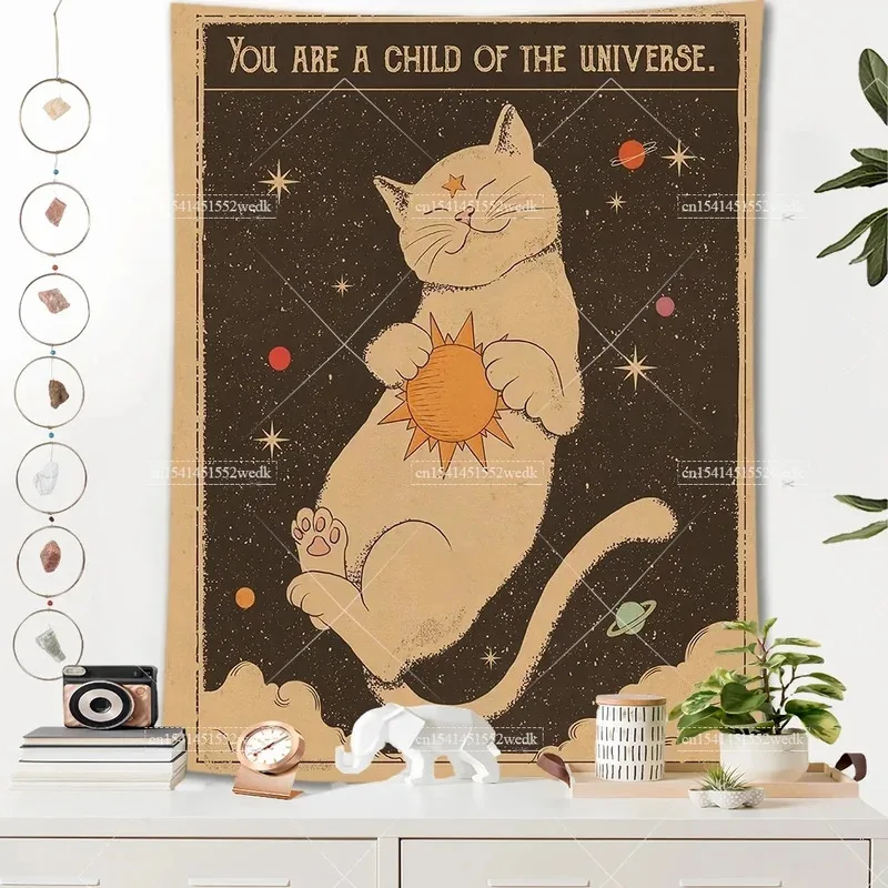 VIKAMA Bohemian Tarot Wandteppich mit Katzenmotiv, Sonne und Mond, für Heimdekoration