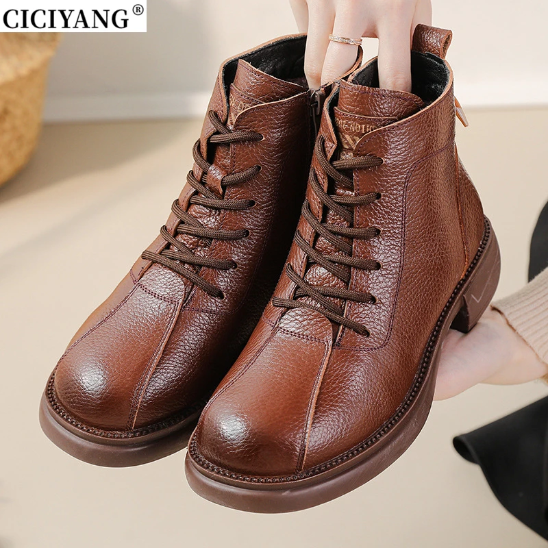 CICIYANG Women Autumn Boots Cowhide Ankle Boots 2025 Winter Retro Casual Genuine Leather Mother Boots Fur Keep Warm Low Heel 41