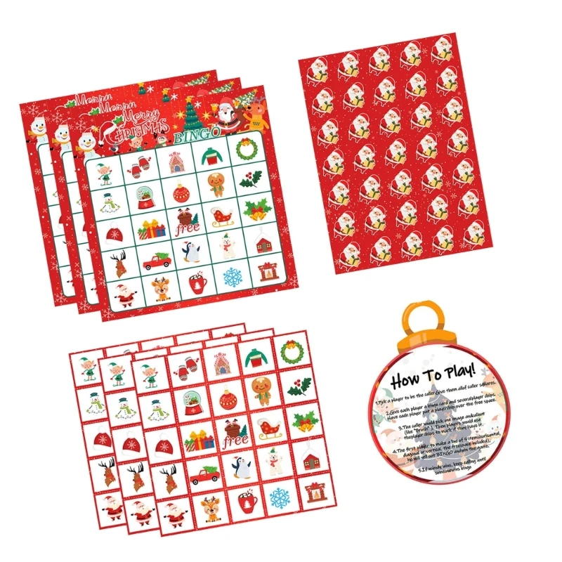 Christmas Bingo Game Set with Cards for Family Play New Year Party Activities