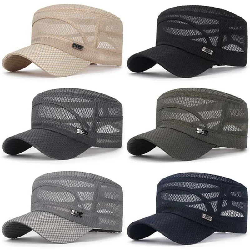 Men Snapback Caps Women Vintage Mesh Flat Top Army Sun Hat Summer Outdoor Cycling Visor Cap Casual Sport Solid Military Cap