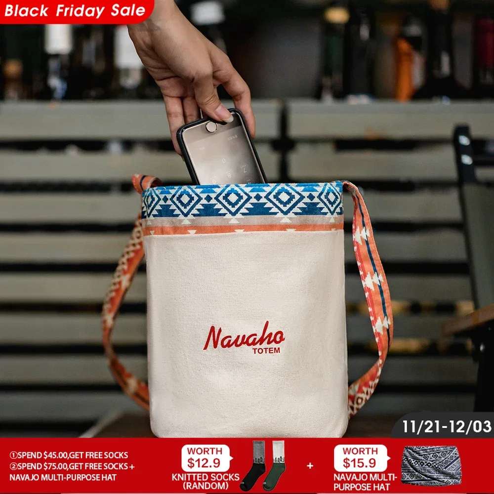 Maden Vintage Ethnic Elements Canvas Bucket Bag Niche Reversible One-Shoulder Crossbody Cotton Commuting Bag for Women