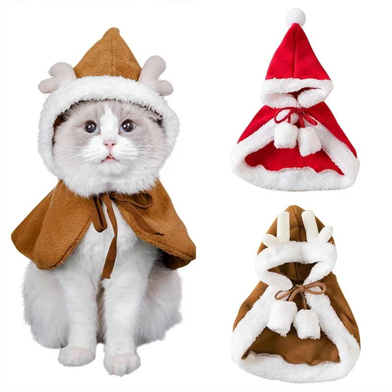 Cat Christmas Costume Santa Cosplay Pet Christmas Cape Dress Up Clothes Funny Warm Red Scarf Cloak With Hat Pet Accessories