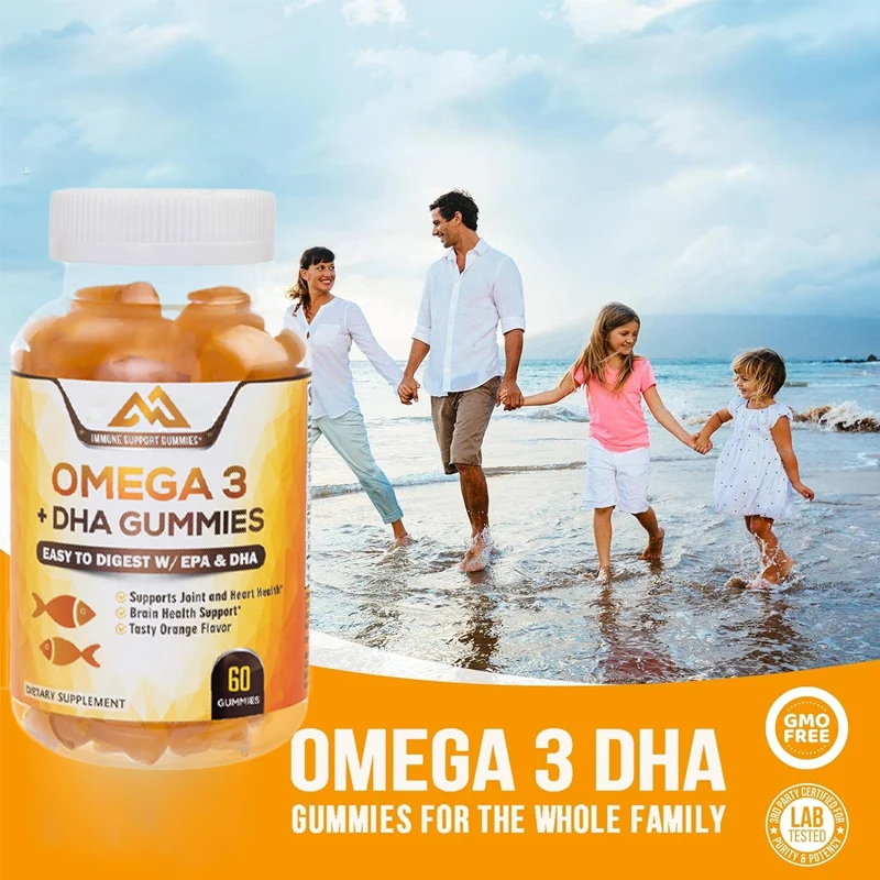 Omega 3 fish oil gummies, heart healthy DHA and EPA, joint and brain support, natural vitamins, 60 orange flavored capsules