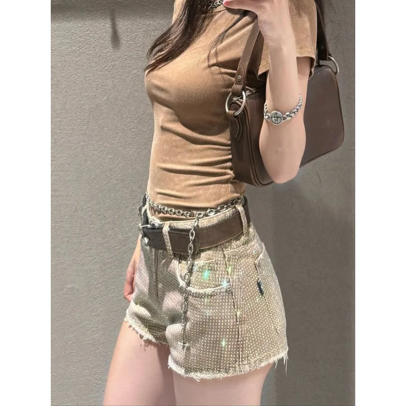 여름 헤비듀티 로우웨이스트 다이아몬드 숏츠 스트레이트 핫팬츠 신상 컬러풀 다이아몬드 장식 데님 숏츠