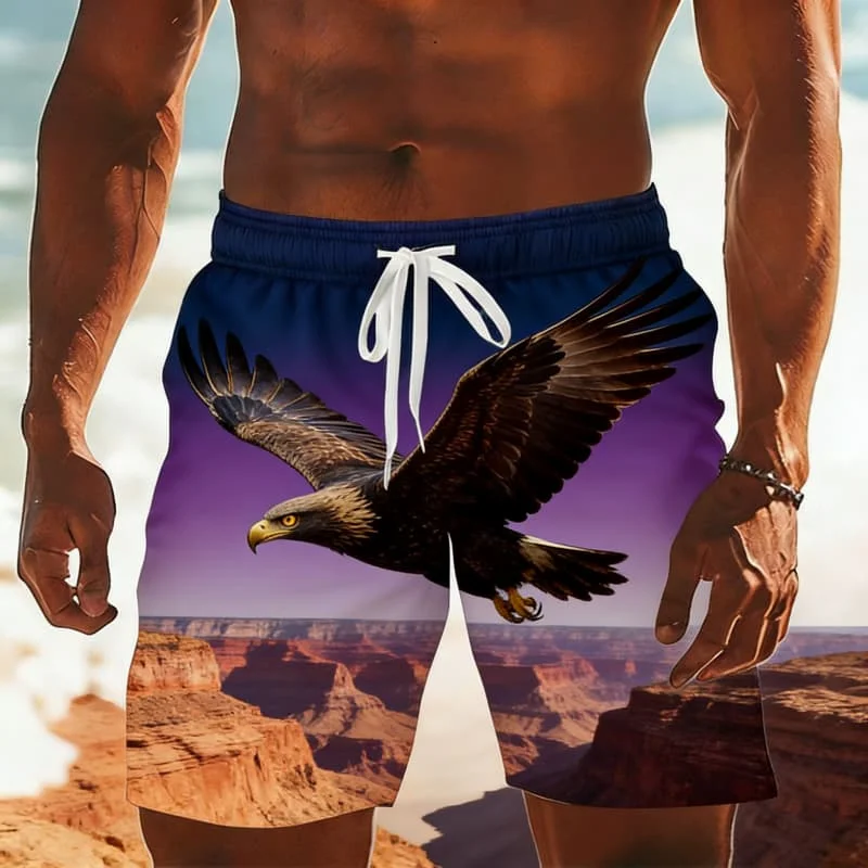 

Men's Classic Retro Wild Animal Print Casual Shorts - Eagle Cougar Polar Bear Tiger Rhino Print Beach Shorts For Summer Vacation