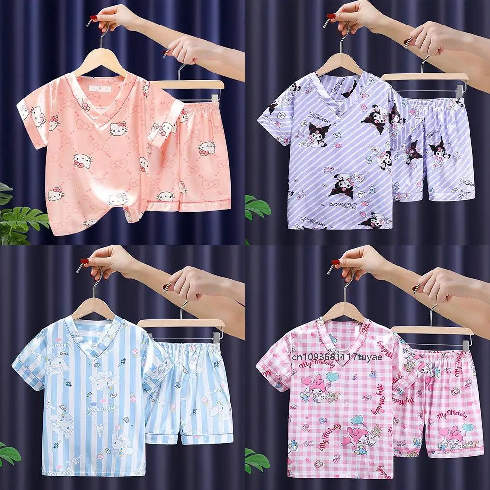 

2Pcs Summer Kids Pajama Sets Anime Sanrios Kuromi Boys Girls Hello Kitty Cartoon Ice Silk Short Sleeve T-Shirt Children Pijamas