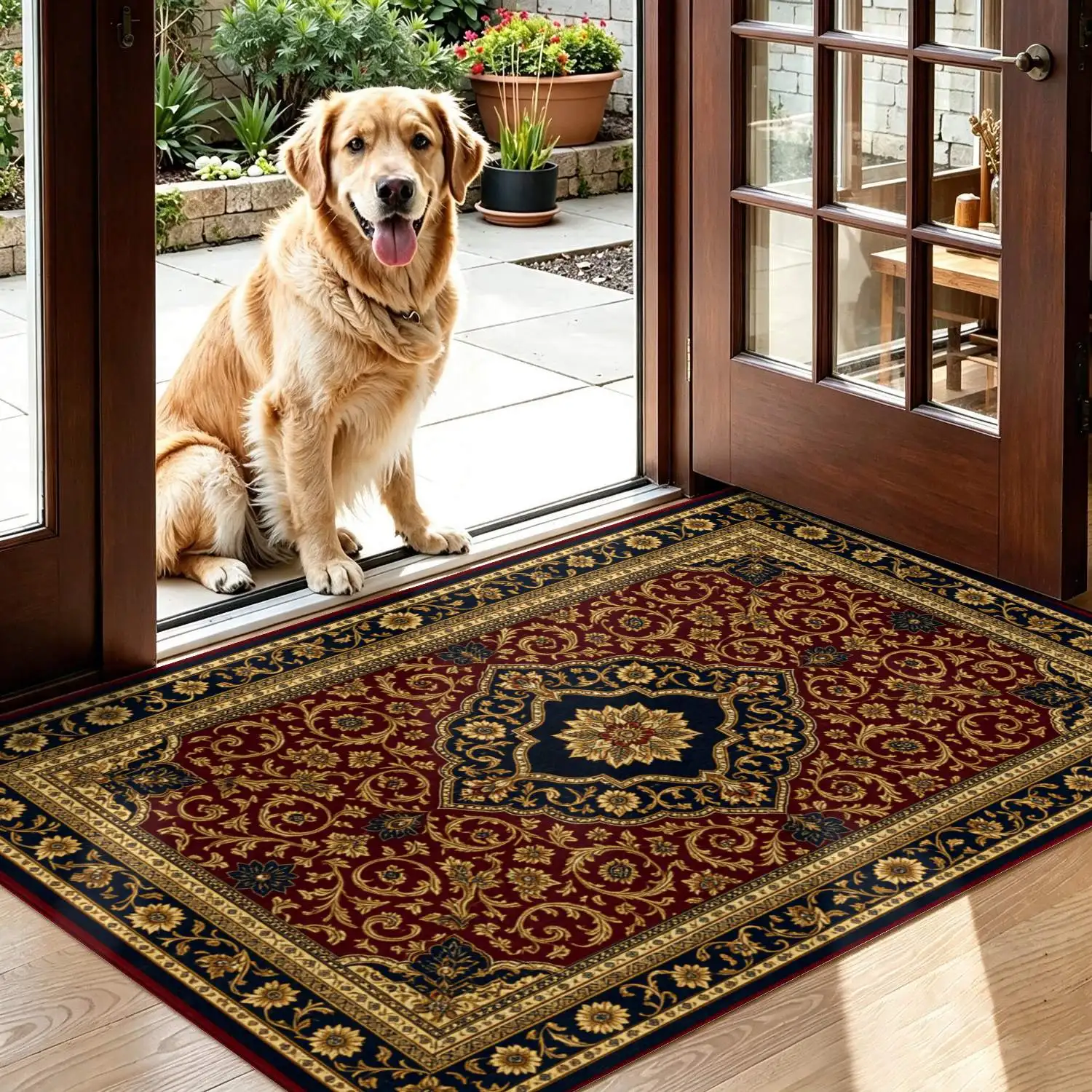 1Pc 2D Printed Carpet: Red Base, Gold Patterns, European/Retro/Bohemian Geometric Style, Home Decor, Multiple Sizes, Machine Washable, for Entrance, Dining, Foyer, Living Room, Bedroom