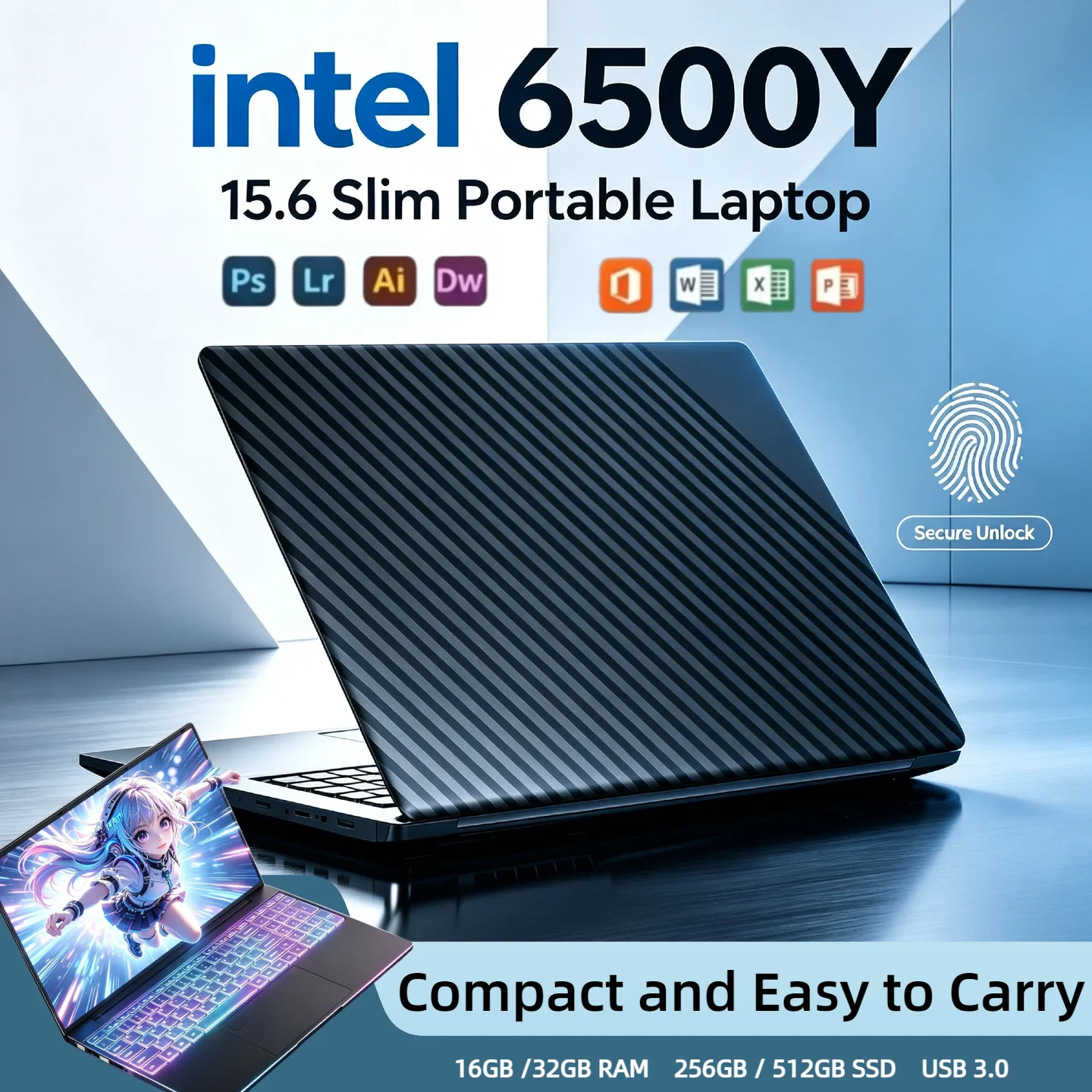 15.6 Inch Ultra Slim Laptop 6500Y 16GB RAM 2TB SSD FHD Screen Energy Efficient Silent Cooling Quiet Operation