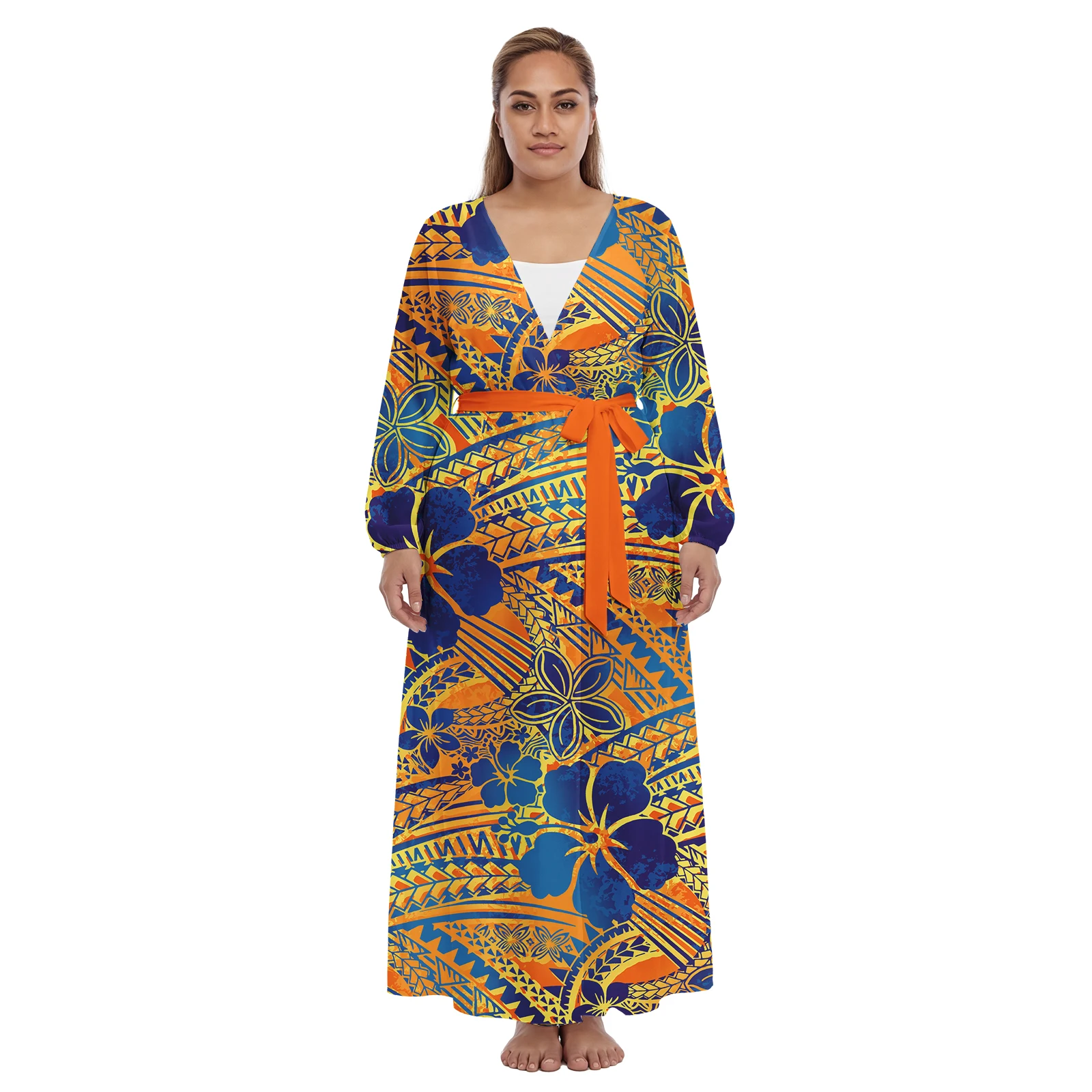 Hot Selling Custom Pattern Elegant Aloha Island Lace-up Dress Samoan Women Trendy Cardigan Polynesian Ladies Cover up Beach Wear
