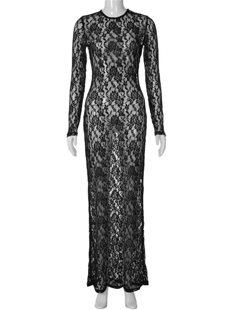 Lace See-Through Printed Long Dress Female Hollow Out Slim High Waist Solid Dress Sexy Club Clothes Ladies Maxi Dress 2024