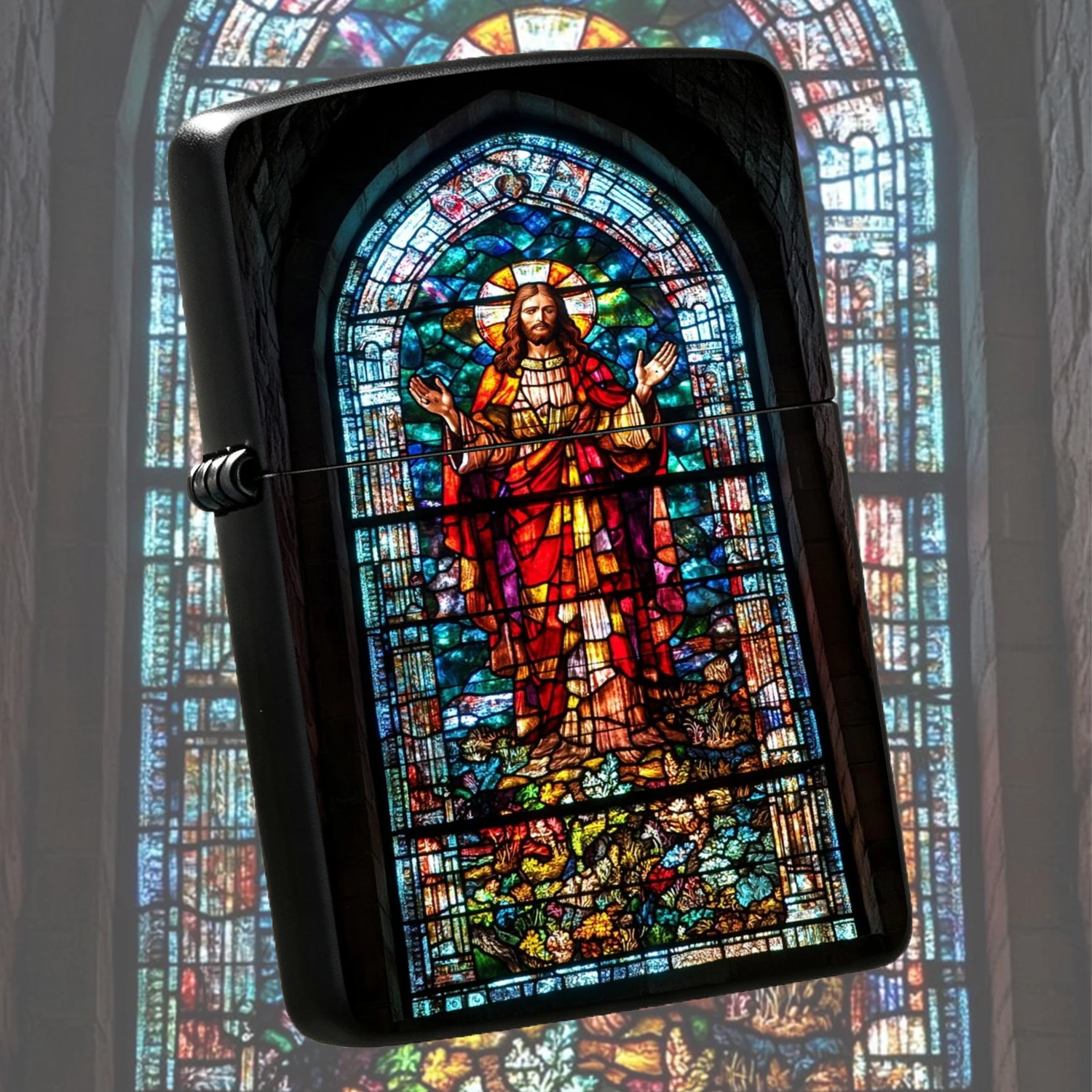 Vintage Stained Glass Jesus Pattern, Durable Windproof Durable Housing, Church Stained Art Themed Keepsake, Reliable For Daily Lighting, Outdoor Camping, Religious Ceremony, Exquisite Unique Gift For Faithful Friends Family Collectors A Fun