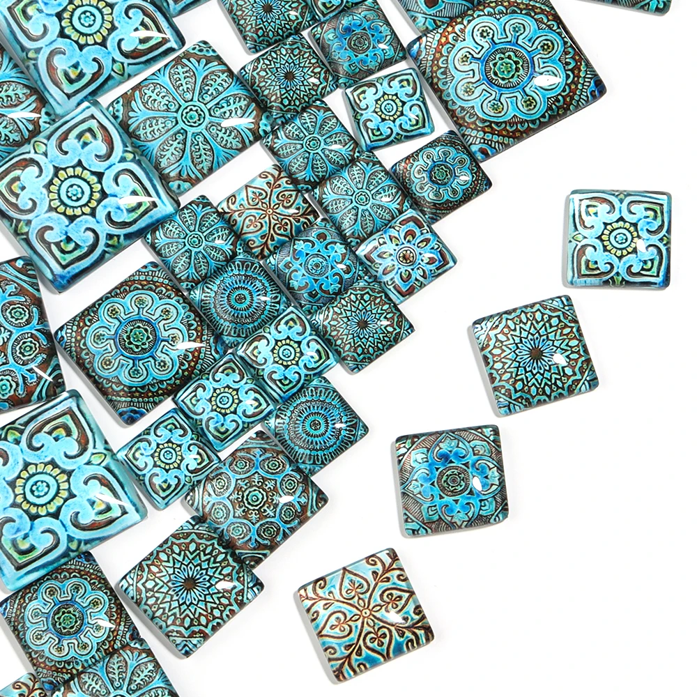 10pcs/lot Vintage Flower Pattern Lampwork Cabochon Beads Square Glass Cabochon Beads For Jewelry Making DIY Earring Neckalce