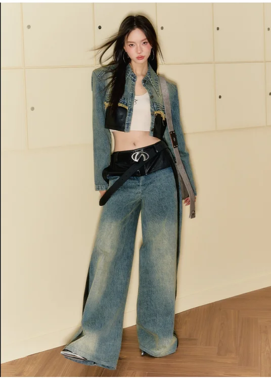 Stylish New Autumn Winter Trendy Patchwork Denim Set Featuring Cropped Top And Loose Wide-leg Jeans For Women Retro view 5