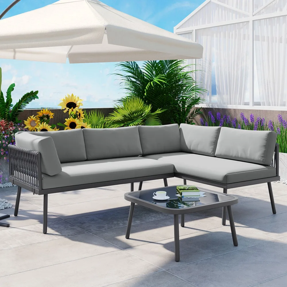 3-Piece PE Rattan Sofa Set All Weather Patio Metal Sectional Furniture Set with Cushions and Glass Table