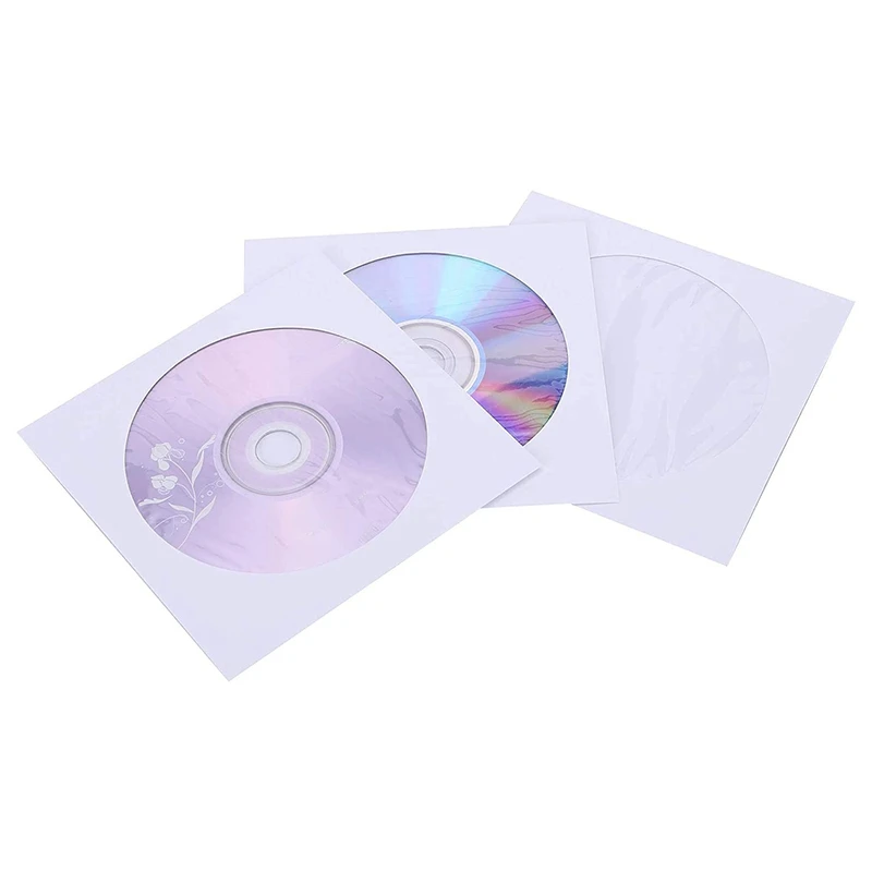 CD DVD Sleeves, DVD CD Media Paper Envelop Sleeves Holder With Clear Window Close Flap White, Pack Of 100