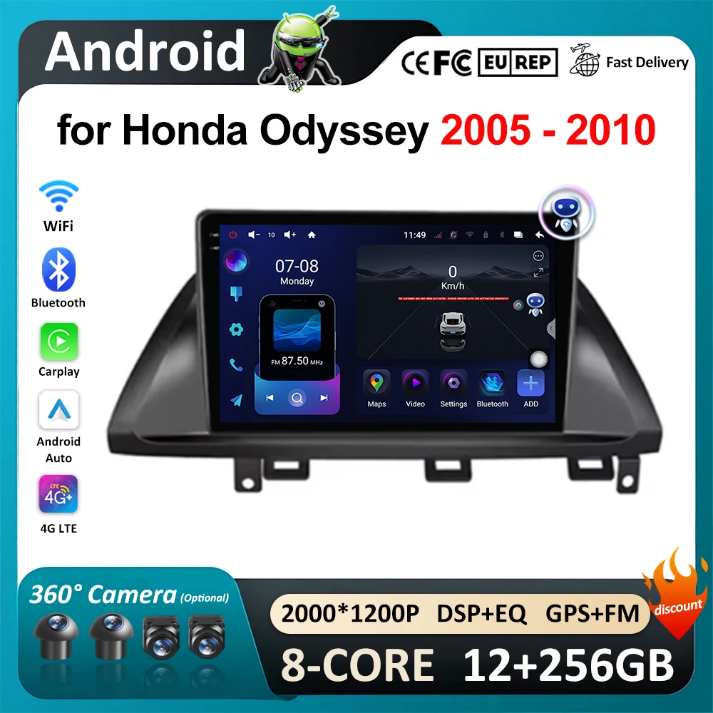 for Honda Odyssey 2005 - 2010 10'' Car Android Intelligent System DSP Stereo 4G Navigation GPS WiFi IPS Touch Screen Bluetooth