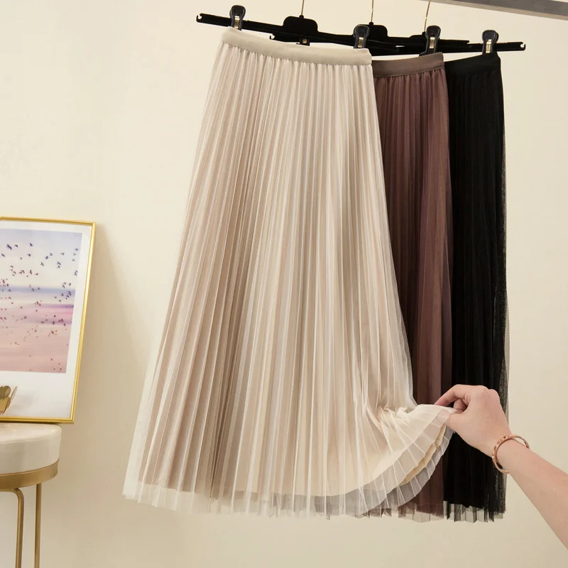 

Женская весенне-осенняя новая юбка-миди из сетки, юбка-трапеция с высокой талией, плиссированная черная юбка из тюля для повседневной носки
