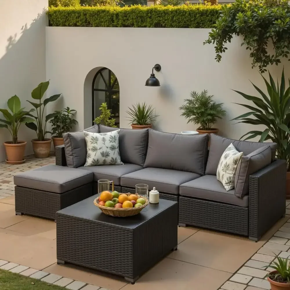 5-Piece Outdoor Sectional Patio Furniture Set with Ottoman, Grey Wicker with Cushions and Glass Top Table