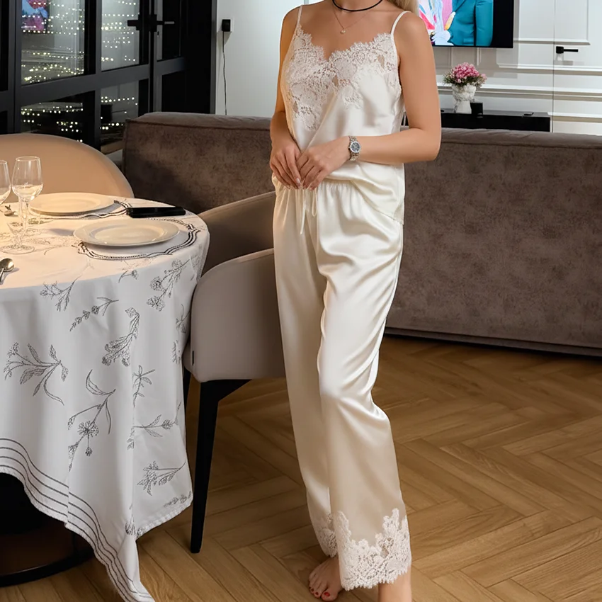 HiLoc Apricot Elegant Lace Woven Inelastic Pajamas Two-Piece Sleeveless Suspender Vest Top Elastic Waist Ankle-Length Pants 2026