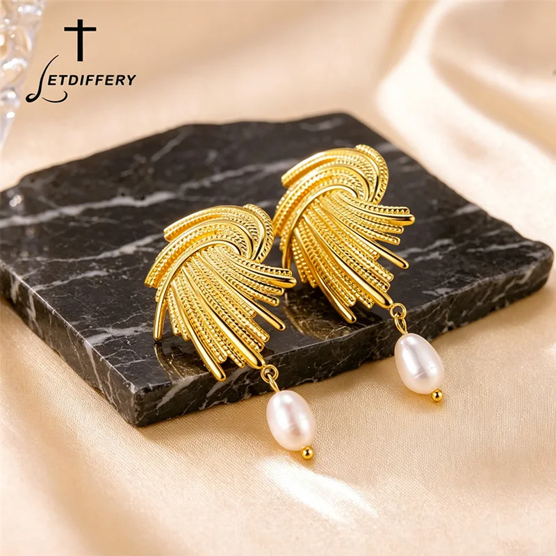Letdiffery Metal Weaving Wing Earrings for Women Stainless Steel Imitation Pearls Irregular Metallic Twisted Studs Jewelry Gifts
