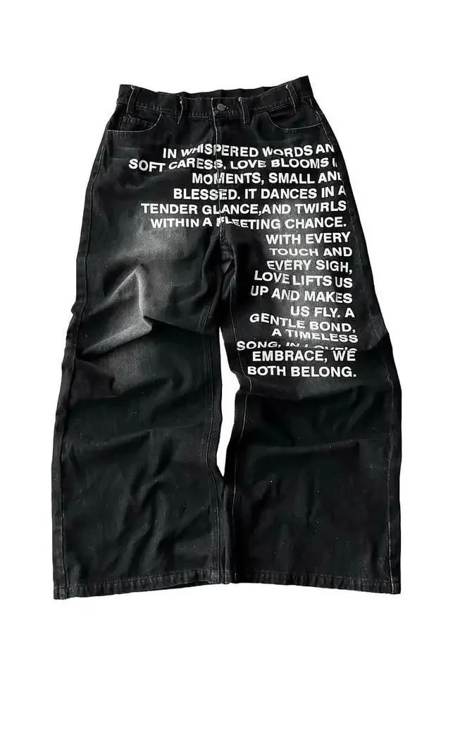 Deeptown Vintage Brief Print Vrouwen Man Jeans Y2k Harajuku Gewassen Wijde Pijpen Amerikaanse Stijl Denim Broek Baggy Hip Hop Streetwear