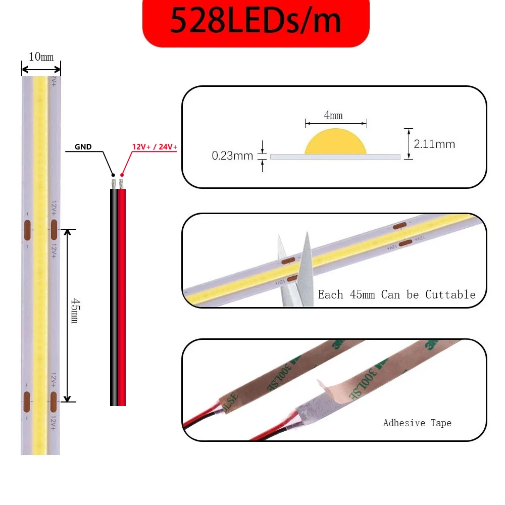 Imagem -03 - Luz de Tira Conduzida Cob Iluminação Linear de Alta Densidade 480 528leds m Fita Flexível Quente Natural Branco Vermelho Azul Verde Decoração Dc12 24v