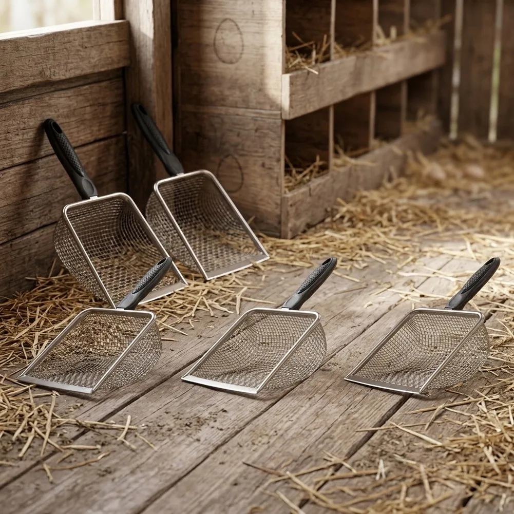 5pcs Stainless Steel Sifting Shovel With Fine Mesh For Chicken C'oop Pheasantry Cat Litter Poop Cleaning Garden Tool