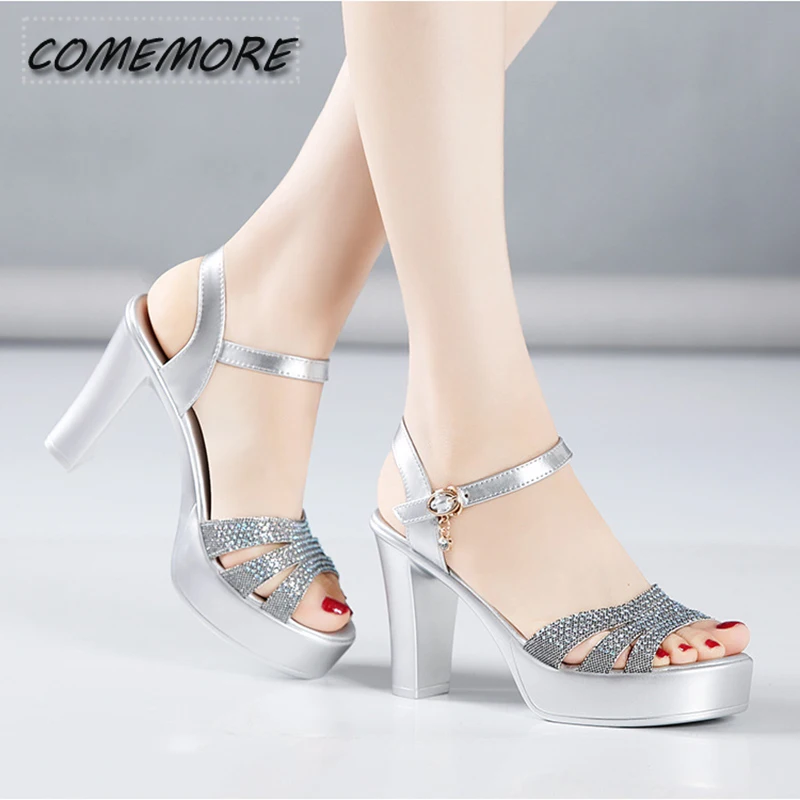 Casual Size 32-43 Rhinestone Silver Gold Wedding Shoes Women Platform Summer 2023 Block High Heel Sandals for Office Model Party