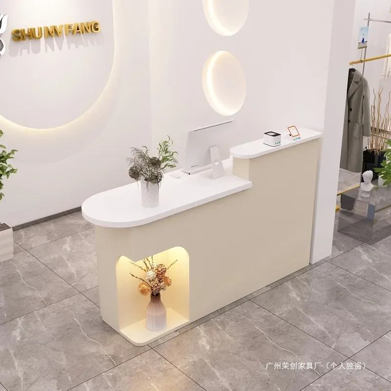 Cream Curved Reception Desk Small Arc Bar Counter for Beauty Salon Clothing Store Checkout Modern Light Service Table