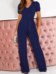 Ladies' elegant and fashionable short sleeved wide leg jumpsuit, suitable for casual wear and enhancing wardrobe matching.