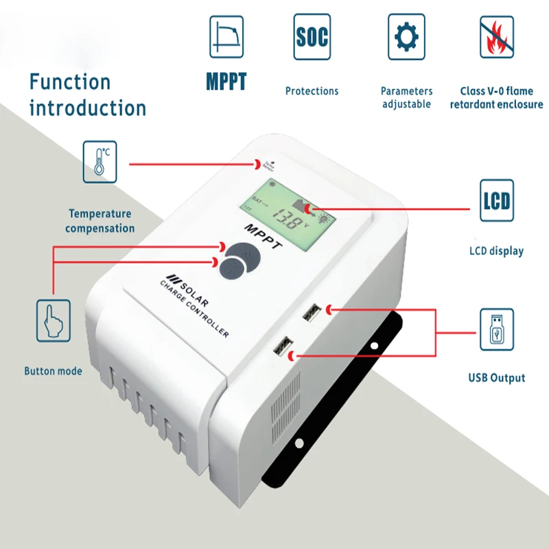 Imagem -03 - Controlador de Carga Solar Mppt com Display Lcd Controlador Automático Dual Usb para Painel Solar Regulador Fotovoltaico 12v 24v 60a 40a 20a