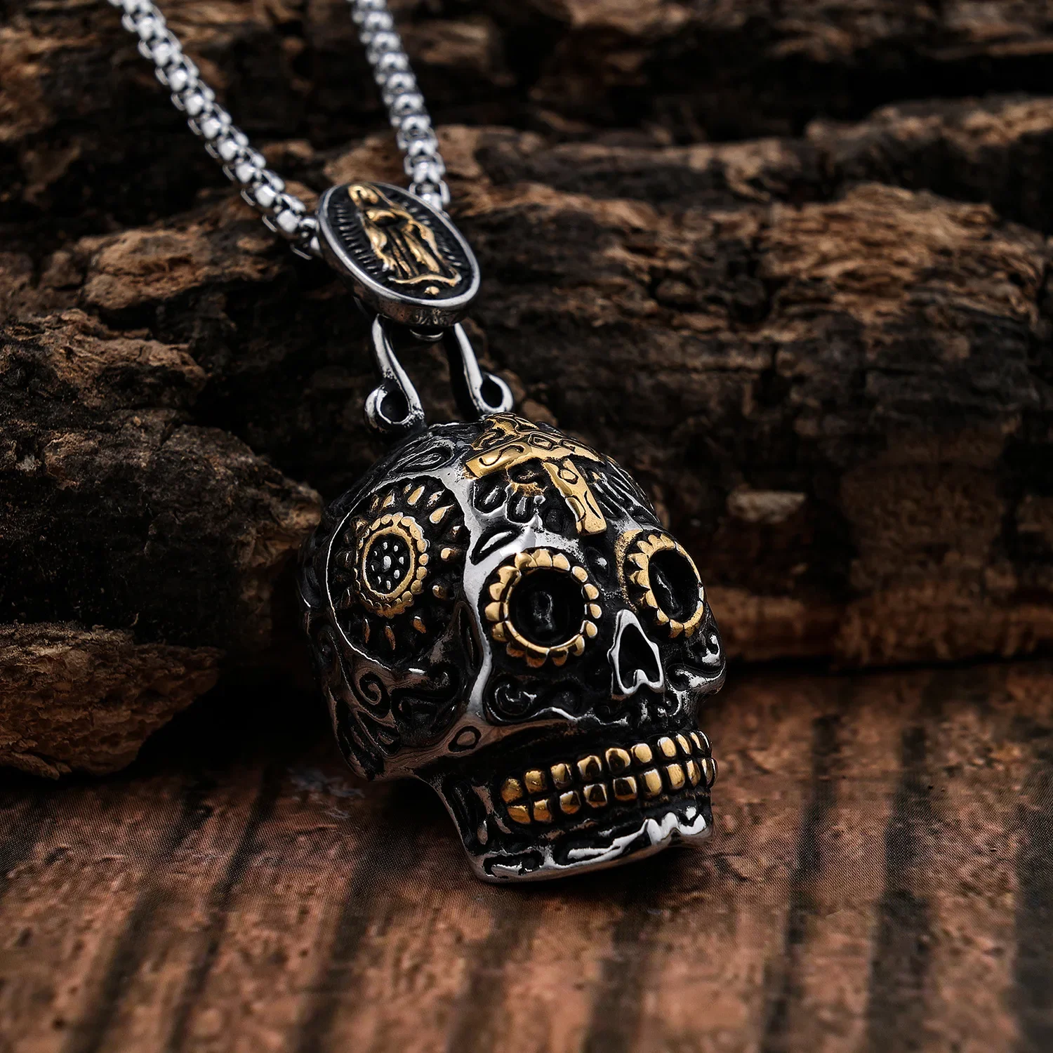 Men's Gothic Skull Ghost Head Pendant Necklace Retro Punk Catholic Cross Virgin Statue Necklace