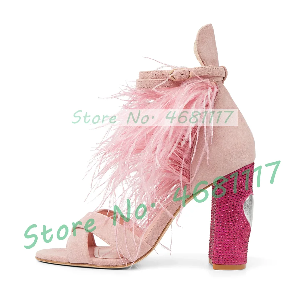 

Pink Feather Crystal Block Heels Sandals Women Luxury Heart Decor Ankle Strap High Heels Ladies Summer Sparkly Big Size Sandals
