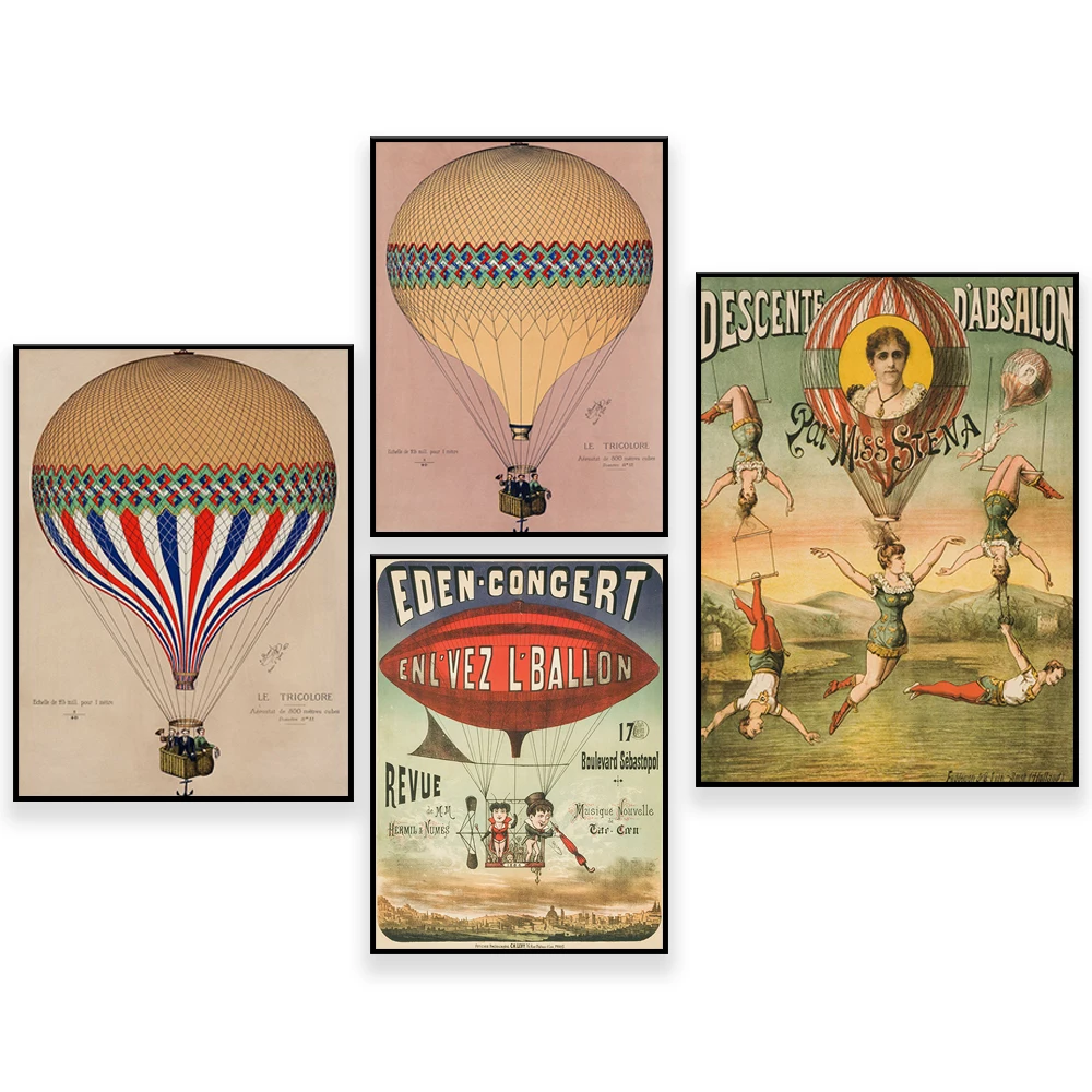 Print Hot air balloon art circus poster, vintage balloon art print, vintage circus trapeze