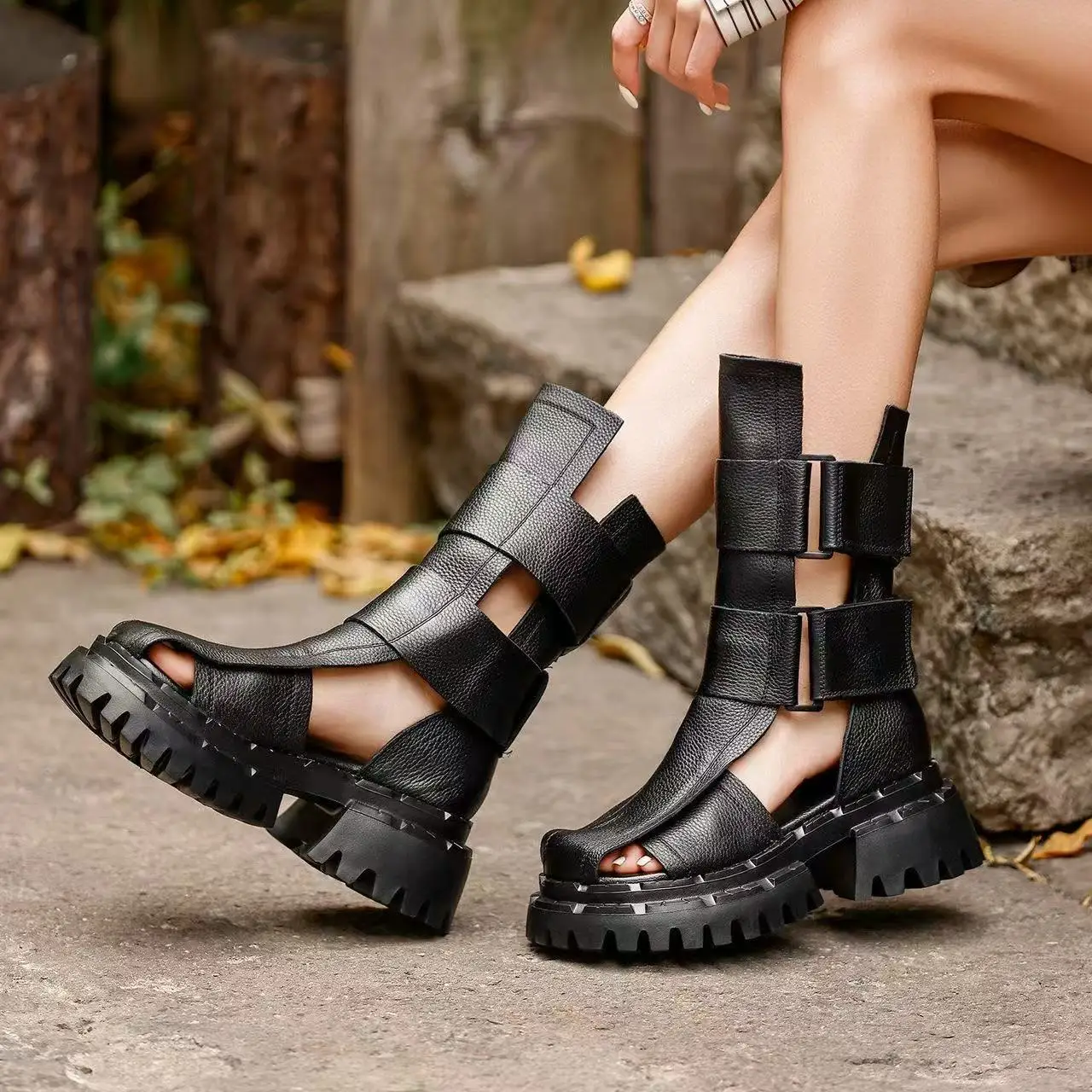 Comfortable Women’s Sandals Retro  Design Hook&loop High-top Summer Roman Sandals Boots Outdoors Lightweight Platform Shoes - view 2