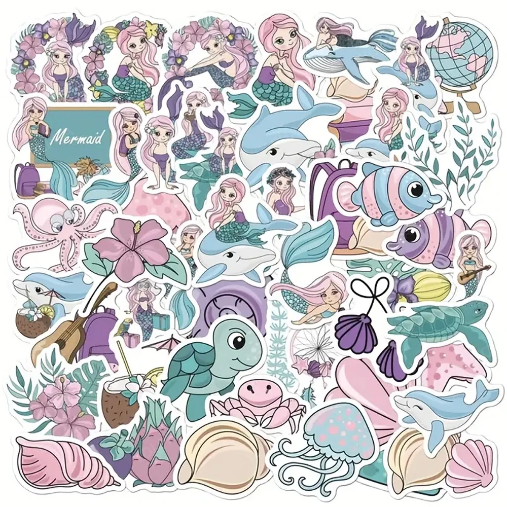 50PCS Cute Sea Mermaid Stickers Children's Cartoon Doodle Stickers Graffiti Waterproof for Water Bottle Skateboard Bike Laptop