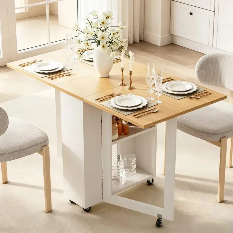 Portable Folding Dining Table Space Saving Kitchen Table with 6 Lockable Casters and 2 Tier Storage Rack Multifunctional