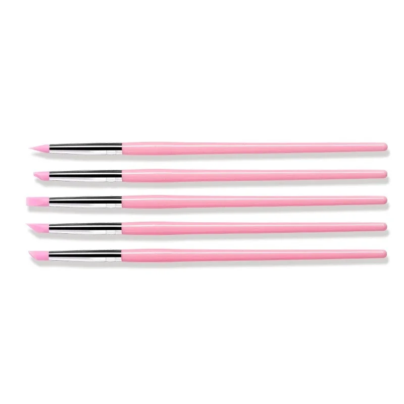 Juego de pinceles de silicona para uñas, accesorios para manicura, lápiz de punteado, lápiz para esculpir, Gel hueco, pluma rosa, 5 unidades