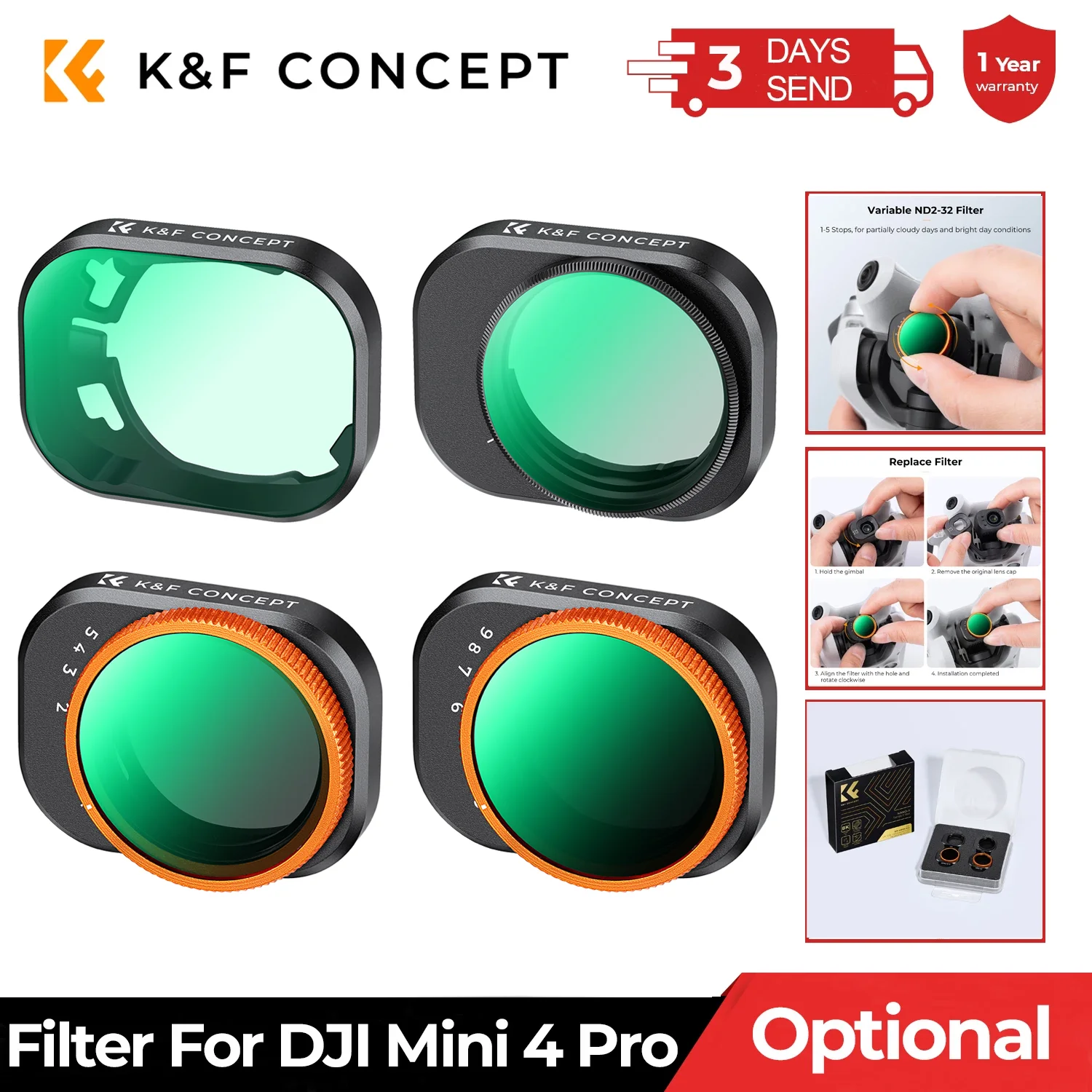 K&F CONCEPT Nowy filtr redukujący odbicie światła do DJI Mini 4 Pro, filtr UV/CPL/Variable ND2-32/ND32-512, akcesoria do filtrów do dronów