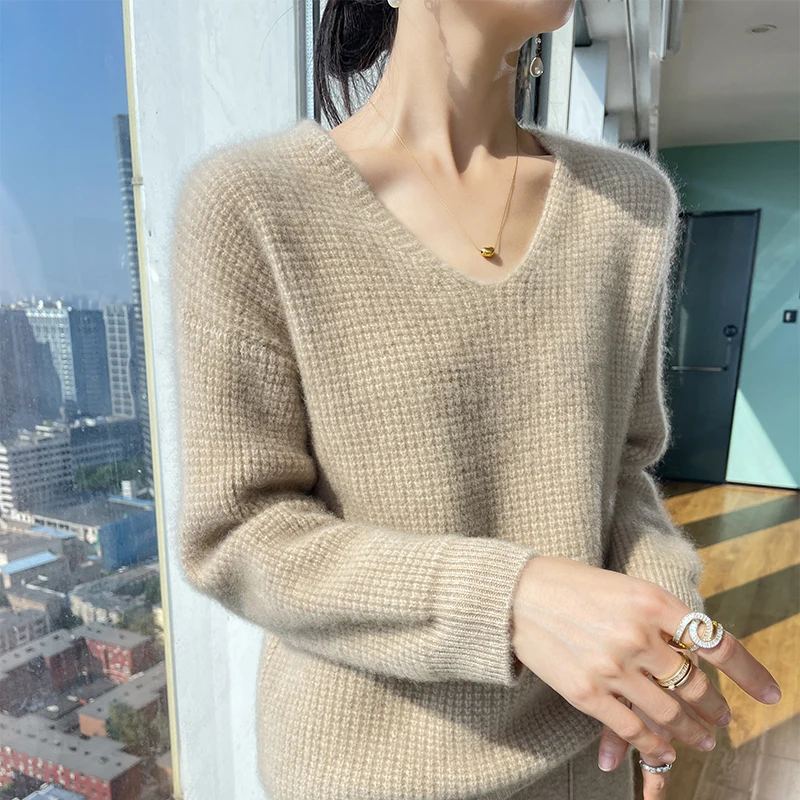 

Fall/Winter 100% Pure Wool Women's V-neck Long-Sleeved Sweater Solid Color Knitted Cashmere Sweater Loose Top