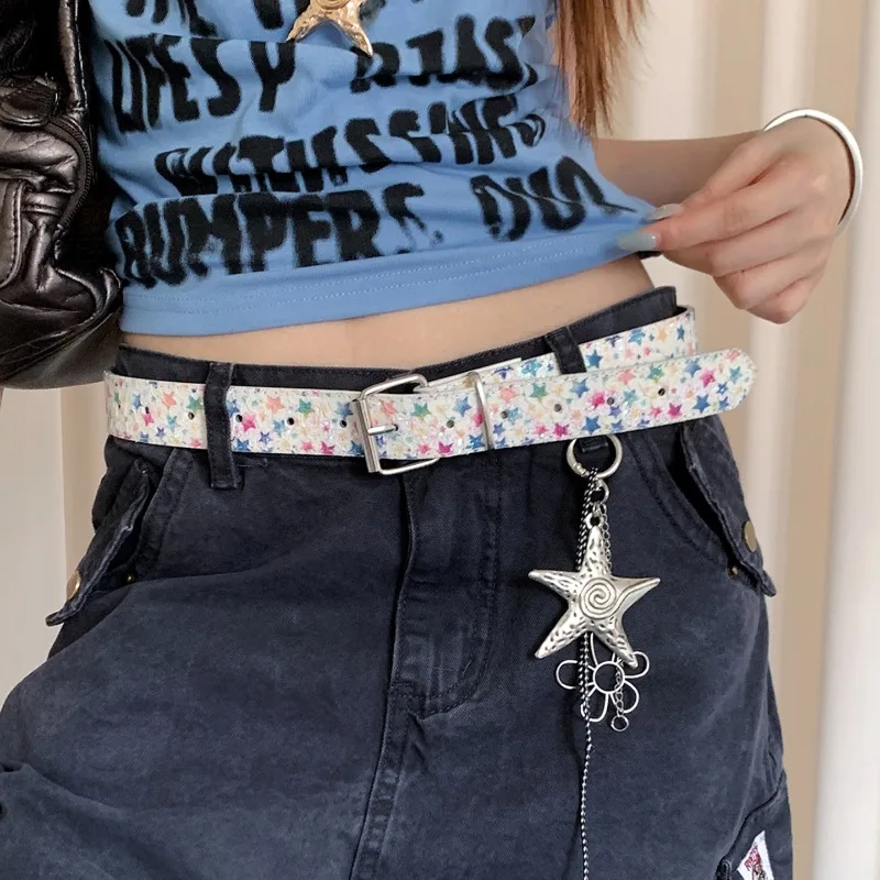 Sweet Cool Style Dopamine Colorful Star Printed Belt for Women Millennium Style Y2K Belt Paired with Cowboy Shorts