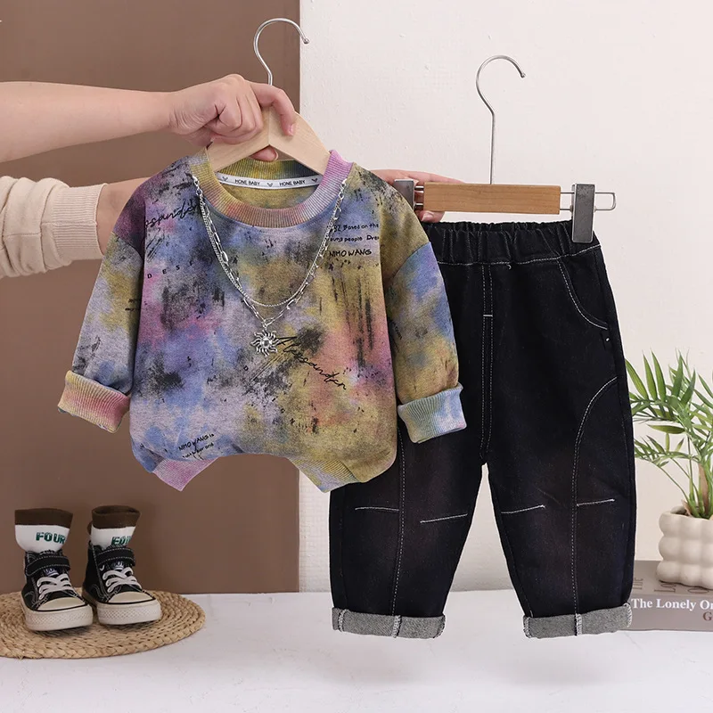 Toddler Kids Boys 2 Piece Outfits Tie Dye Print Long Sleeve Sweatshirt and Denim Jeans Set Streetwear Kids Casual Clothes 0-5Y