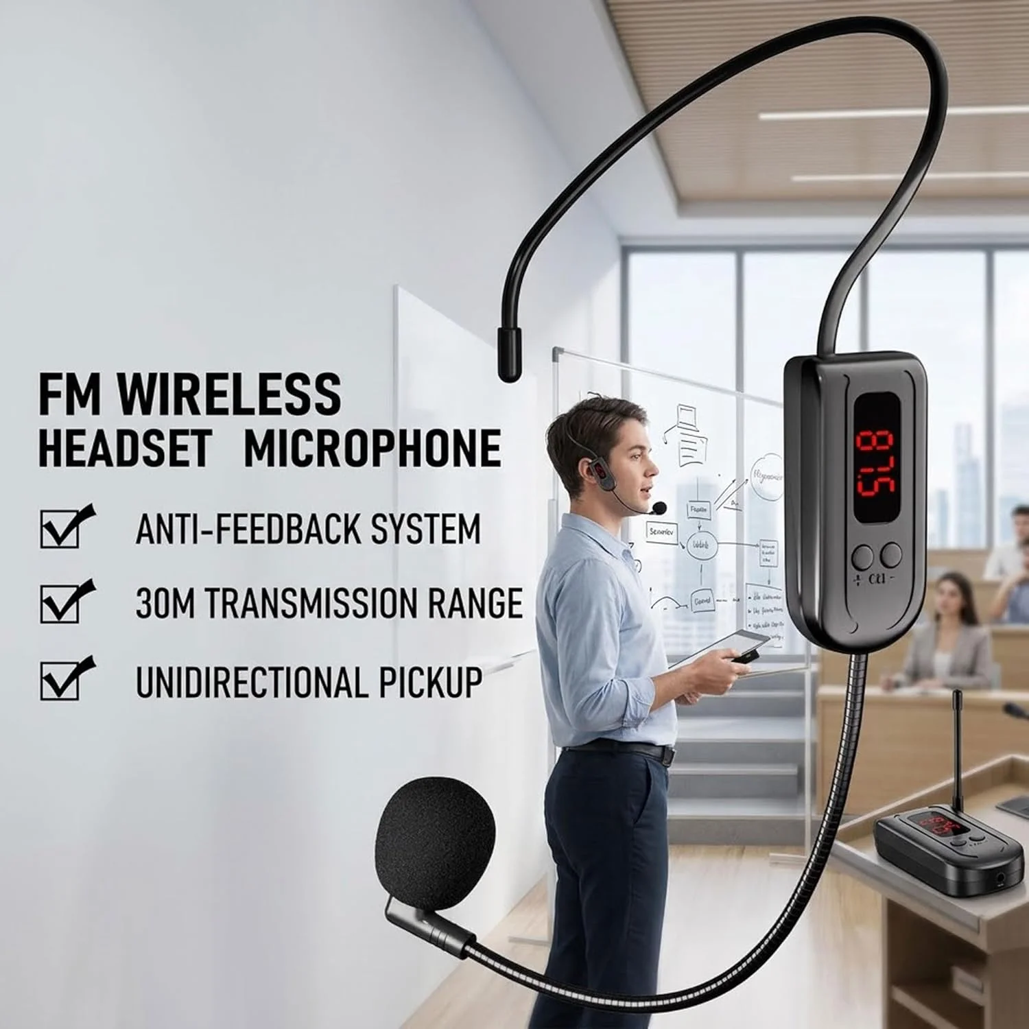 FM Wireless Microphone Headset Radio Mic 87 MHz-108MHz Digital Tube Display Multi-channel for Loudspeaker Teaching Meeting Guide