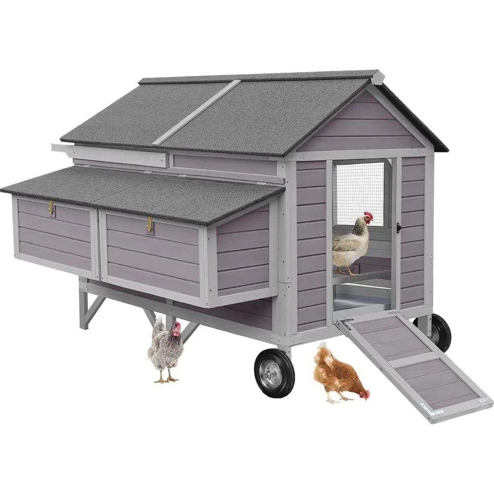 

Chicken Coop with Strong Iron Frame, 68.1" L Large Wooden Poultry Cage with 8.1" Big Wheels, Outdoor Chicken House with Two Nest