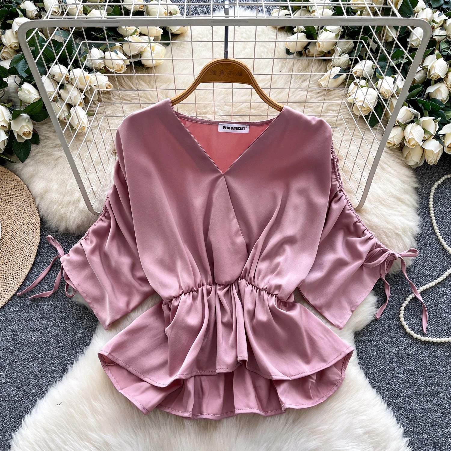 

Vintage Elegant short sleeve Draw String Top Korean Streetwear High Street Autumn Basics T-Shirts